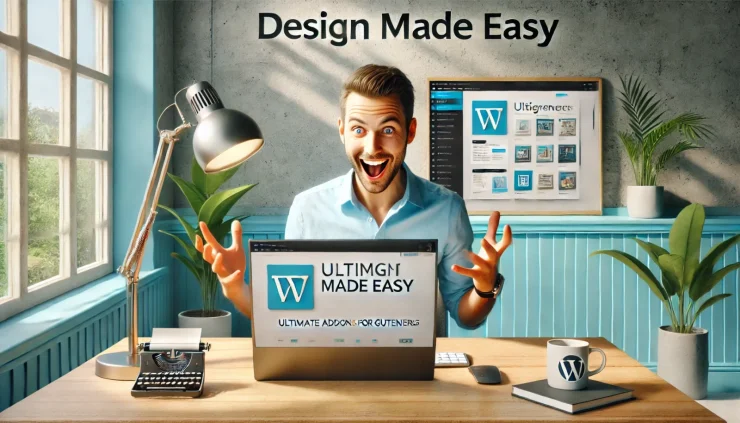 この画像は、Ultimate Addons for Gutenbergを使用してWordPressでウェブデザインを行う場面を感情豊かに表現しています。