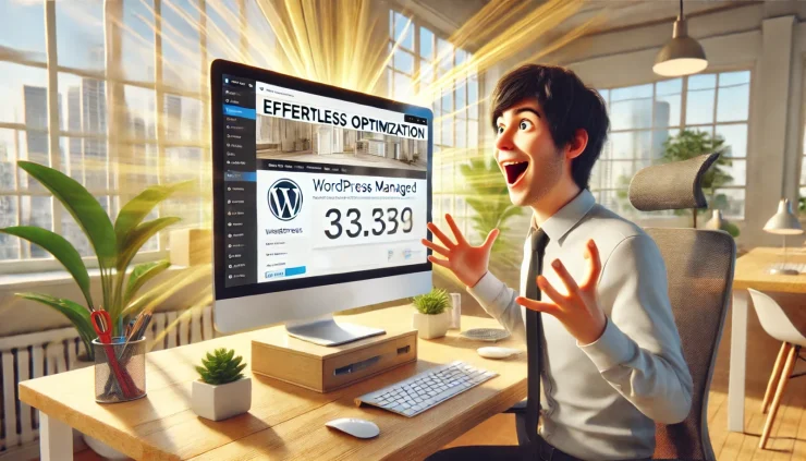  Webinoly WordPress サーバー管理ツールを使い、効率的な管理と高速なサイト運営に喜ぶ開発者のイメージ。