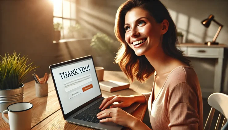  「WooCommerce Custom Thank You Pagesを確認する満足げな女性が、ノートパソコンの画面で表示されたサンキューページを見て、楽しげな表情を浮かべている様子」