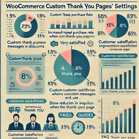 **このインフォグラフィックは、WooCommerce Custom Thank You Pagesの設定によるリピート購入率の向上、顧客満足度アップ、問い合わせ削減効果を示しています。**