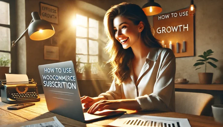 この画像は、「WooCommerce Subscriptionの使い方」についてのテーマに沿って、自然でプロフェッショナルなワークスペースで喜びを表現する女性を描写しています。