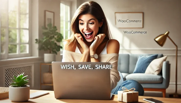 この画像は、WooCommerce WishListsの使い方に関するテーマを強調し、楽しげな女性がオンラインのウィッシュリストを閲覧しながら、自然な驚きと喜びを感じる様子を写しています。