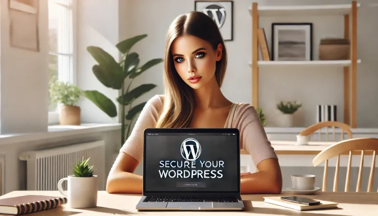 「WordPress 基本設定とセキュリティ対策に集中する初心者向けのイメージ。モデルがノートPCを操作し、サイト保護の重要性を強調しています。」