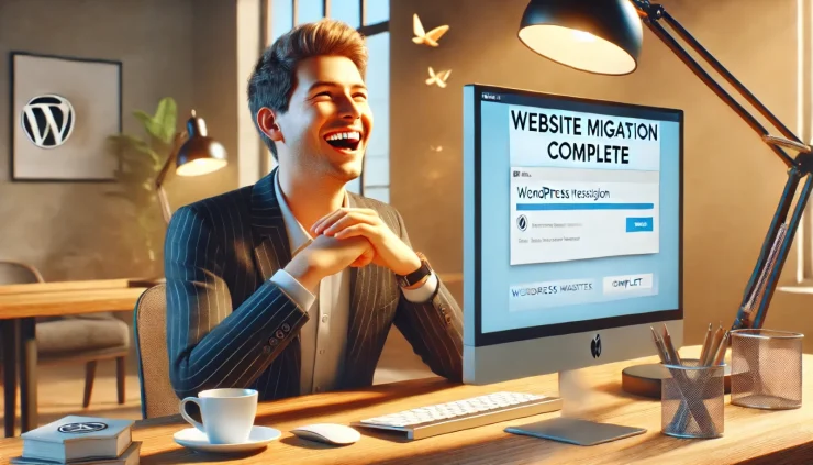 このインフォグラフィックは、WordPress Importerでのサイト移行が成功した瞬間の喜びを表現しています。