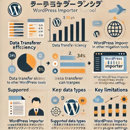 このインフォグラフィックは、WordPress Importerの使い方に関する主要なポイントを視覚的に示しており、効率、サポートデータ、制限についての情報を簡潔に表示しています。 