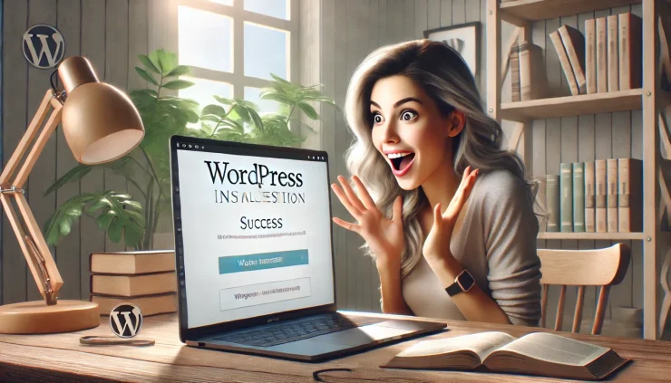 WordPressインストール方法に成功して喜ぶ女性の姿。明るい作業空間と「WordPress Installation Success」の文字が画面に映し出されています。  