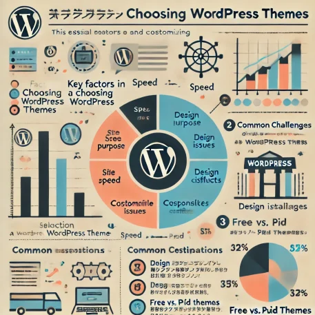 このインフォグラフィックは、初心者向けにWordPressテーマの選び方とカスタマイズ方法における重要な要素、カスタマイズ時の課題、無料テーマと有料テーマの比較を示しています。