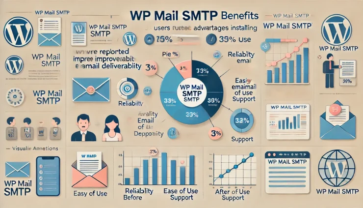 このインフォグラフィックは、WP Mail SMTPの使い方によるメリットをグラフ形式で視覚的に表したものです。"