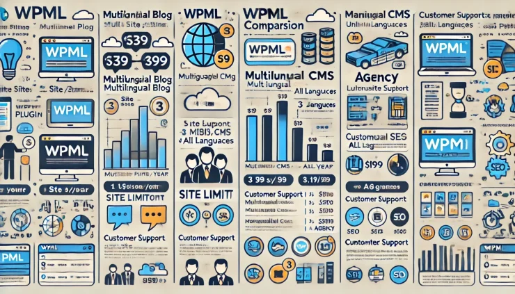 **このインフォグラフィックは、WPMLプラグインの料金プラン、対応言語・サイト数、サポート体制を解説し、適切なプラン選びの参考になります。**