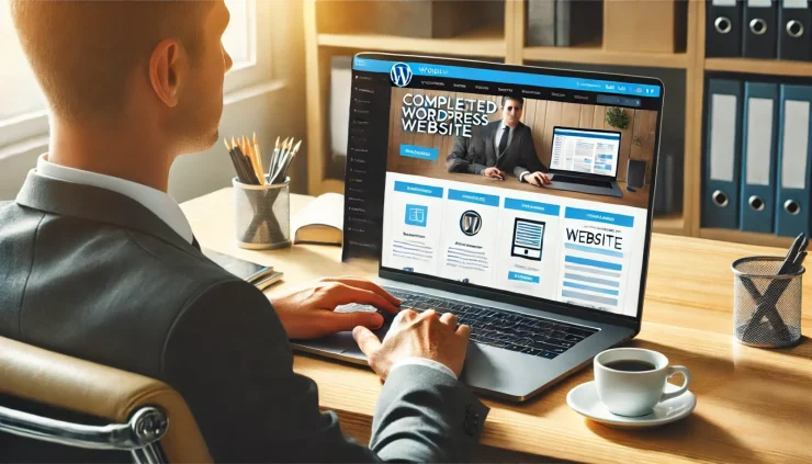 プロフェッショナルなビジネスパーソンがデスクに座り、完成したWordPressサイトを表示しているノートPCを見ているシーン。背景はモダンで効率的なワークスペースで、サイトはすぐに運営可能な状態で表示されています。